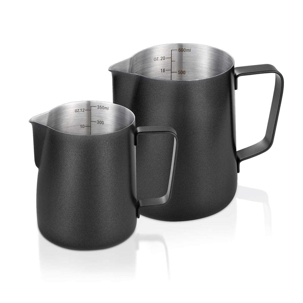 Generic milk frothing pitcher 12oz with narrow pour spout for latte art.