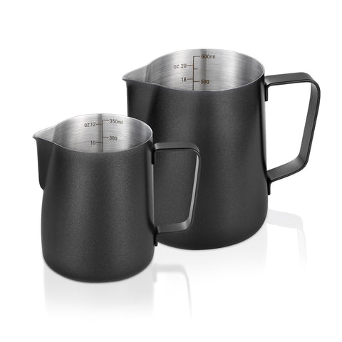 Generic milk frothing pitcher 12oz with narrow pour spout for latte art.