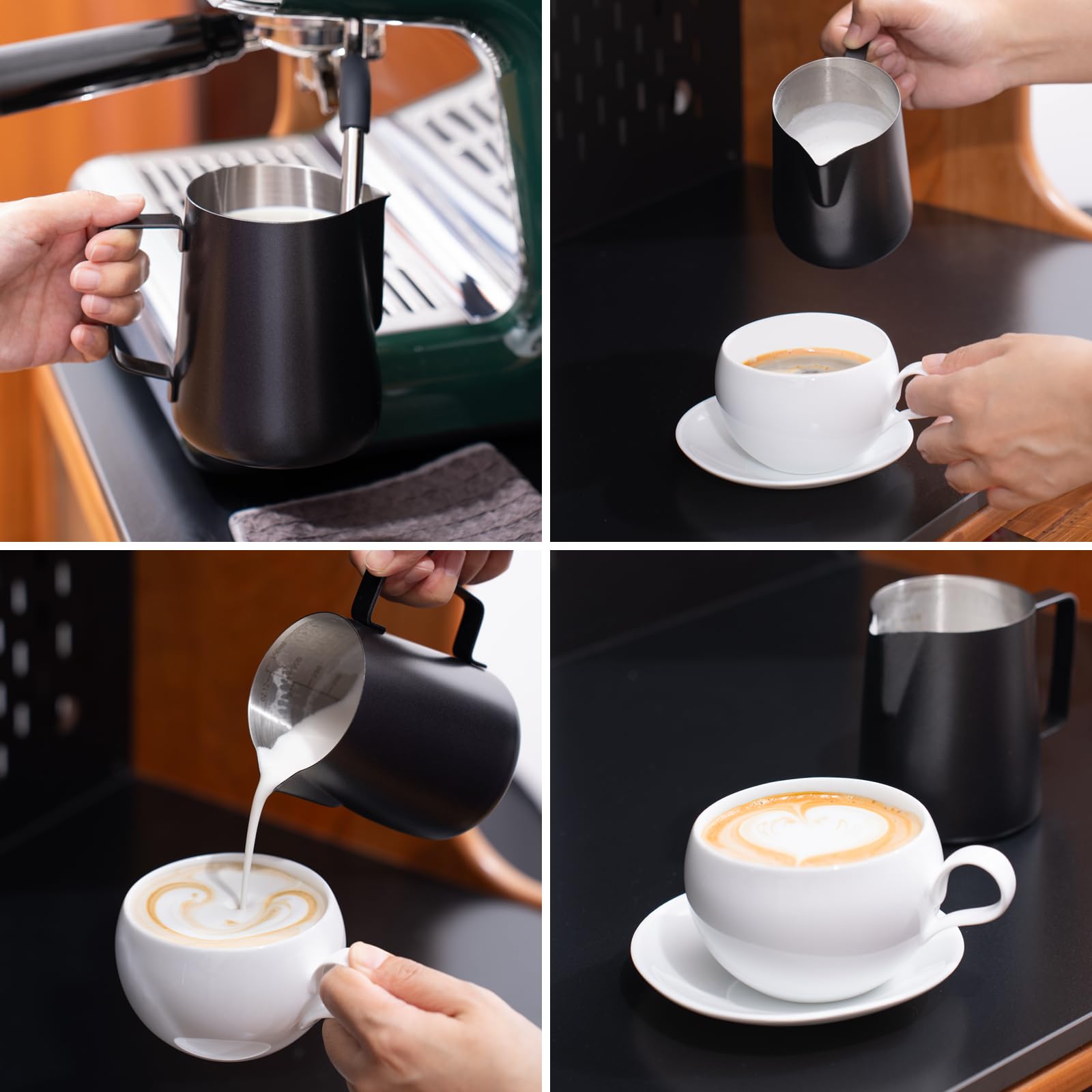 Generic 20oz frothing pitcher features internal scale for portioning milk.