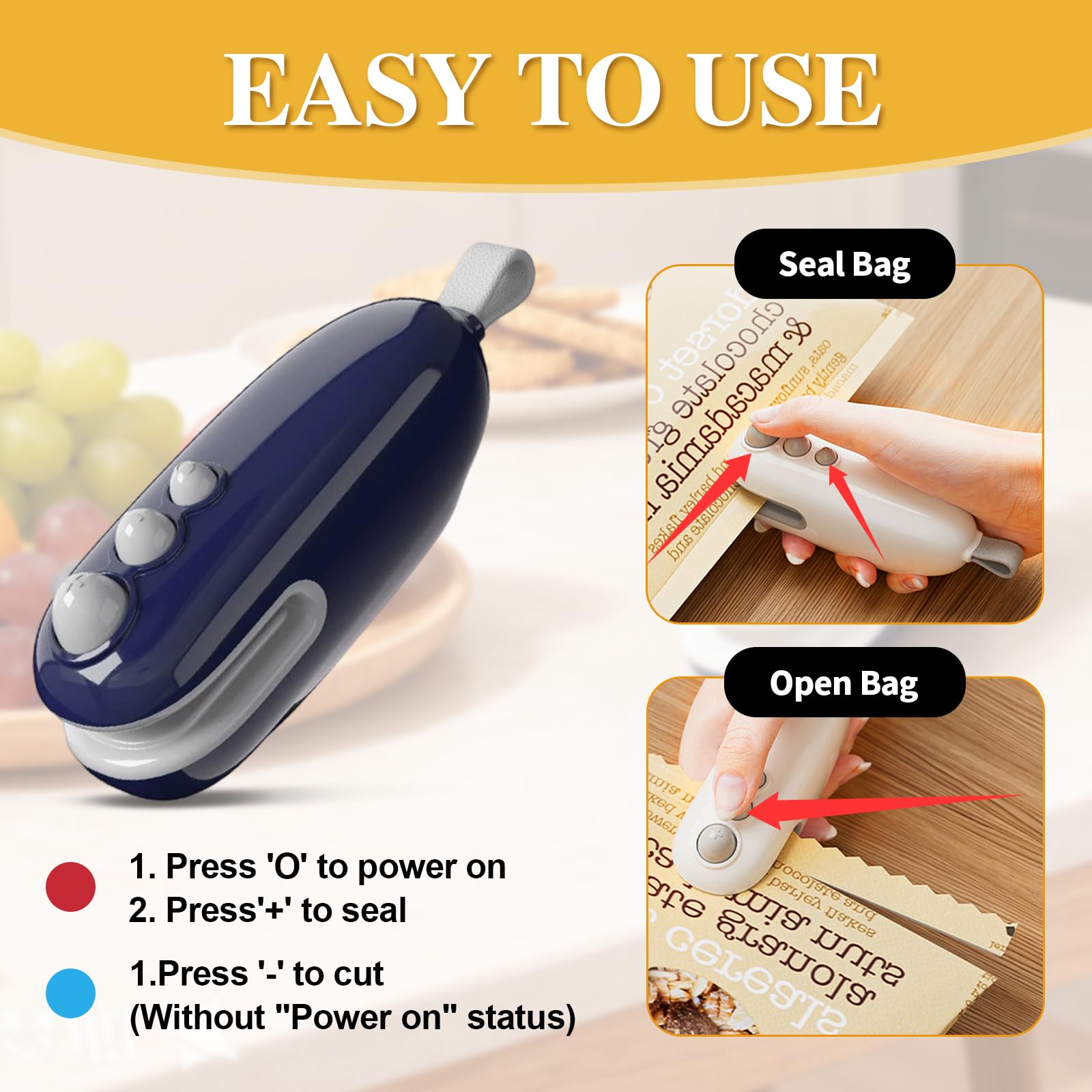Generic mini bag sealer with hidden cutter for safe, simple bag opening.