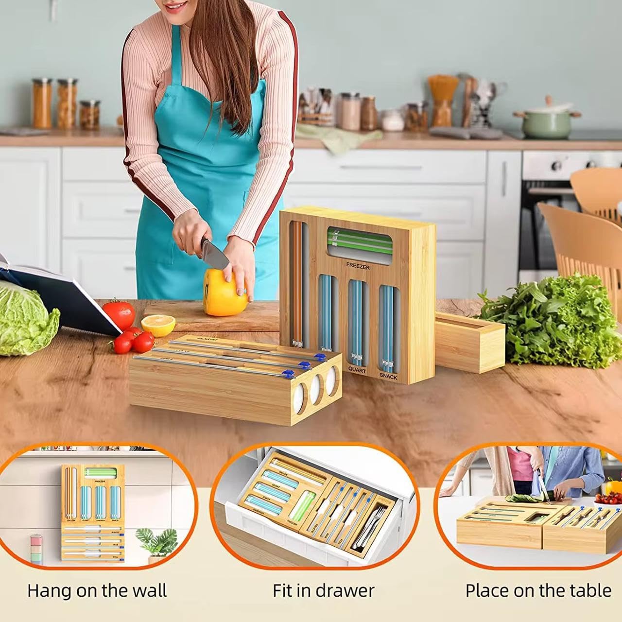 Generic bamboo organizer adds contemporary style while simplifying bag storage.