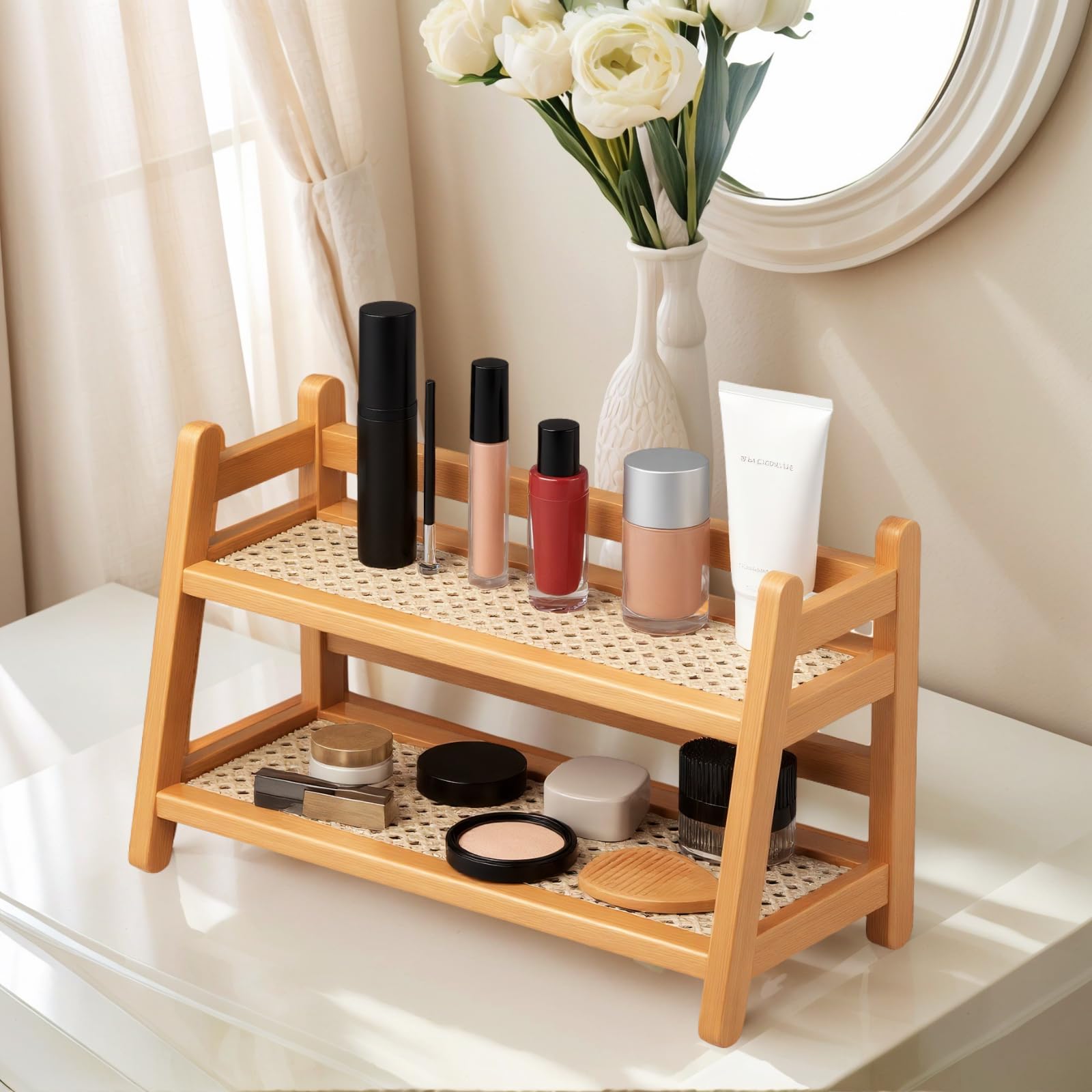 Generic multiuse mug organizer offers versatile placement in kitchen or office.