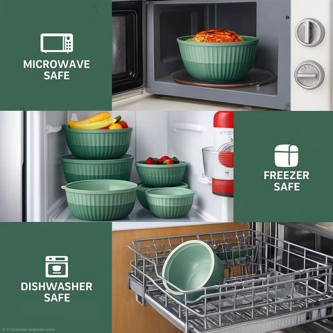 Generic 8-piece nesting set neatly fits inside each other for compact storage.
