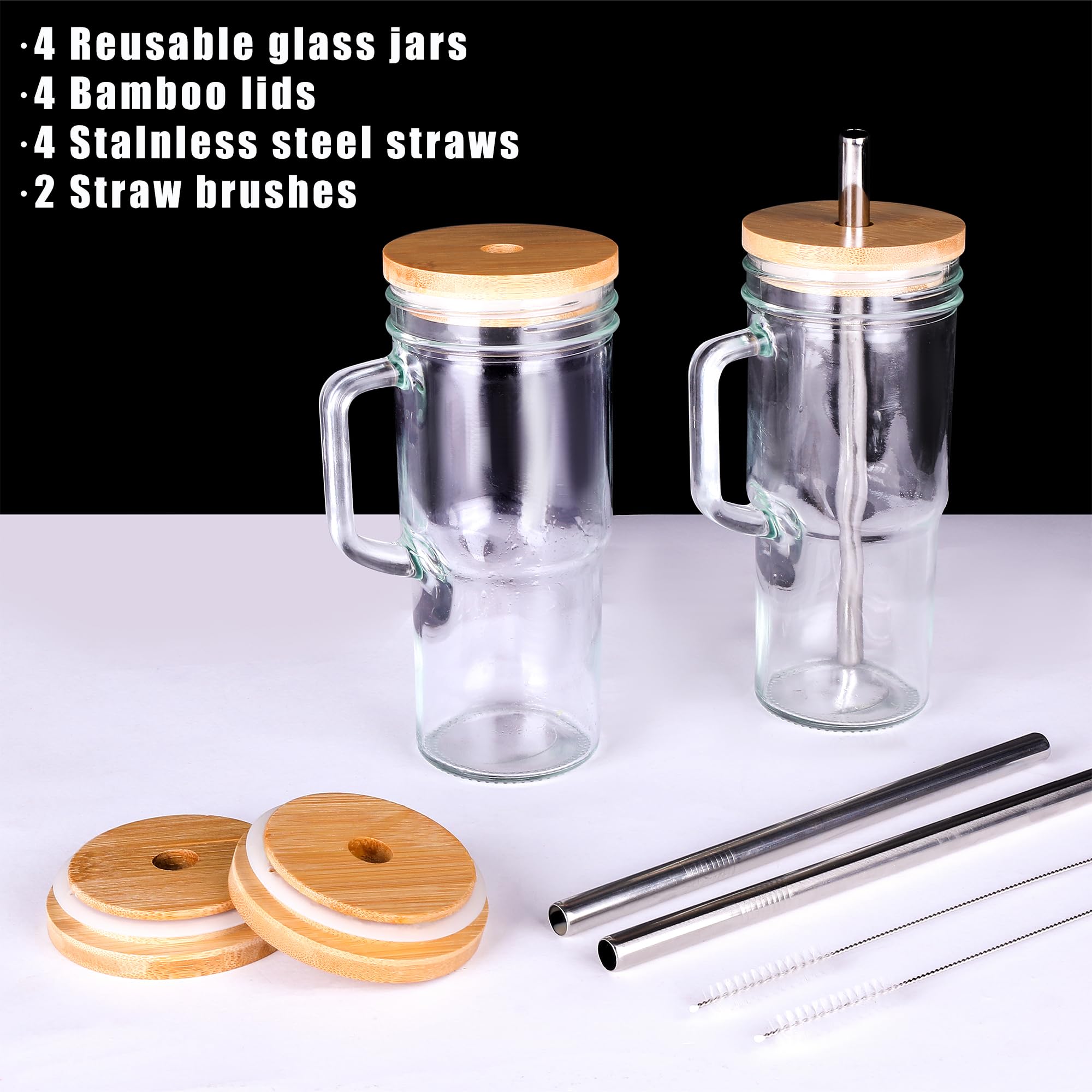 Generic pack of 4 glass cups with lids and straws for family use.