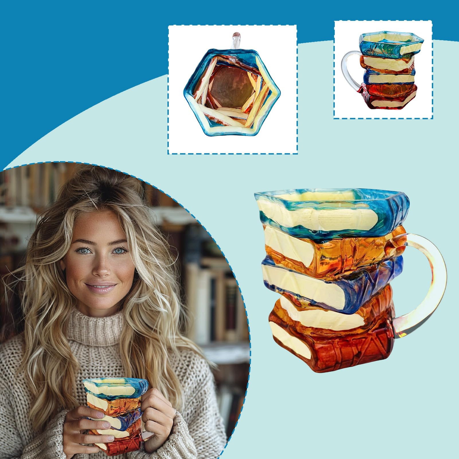 Generic Painted Book Mug with spoon demonstrates a ready-to-gift presentation.