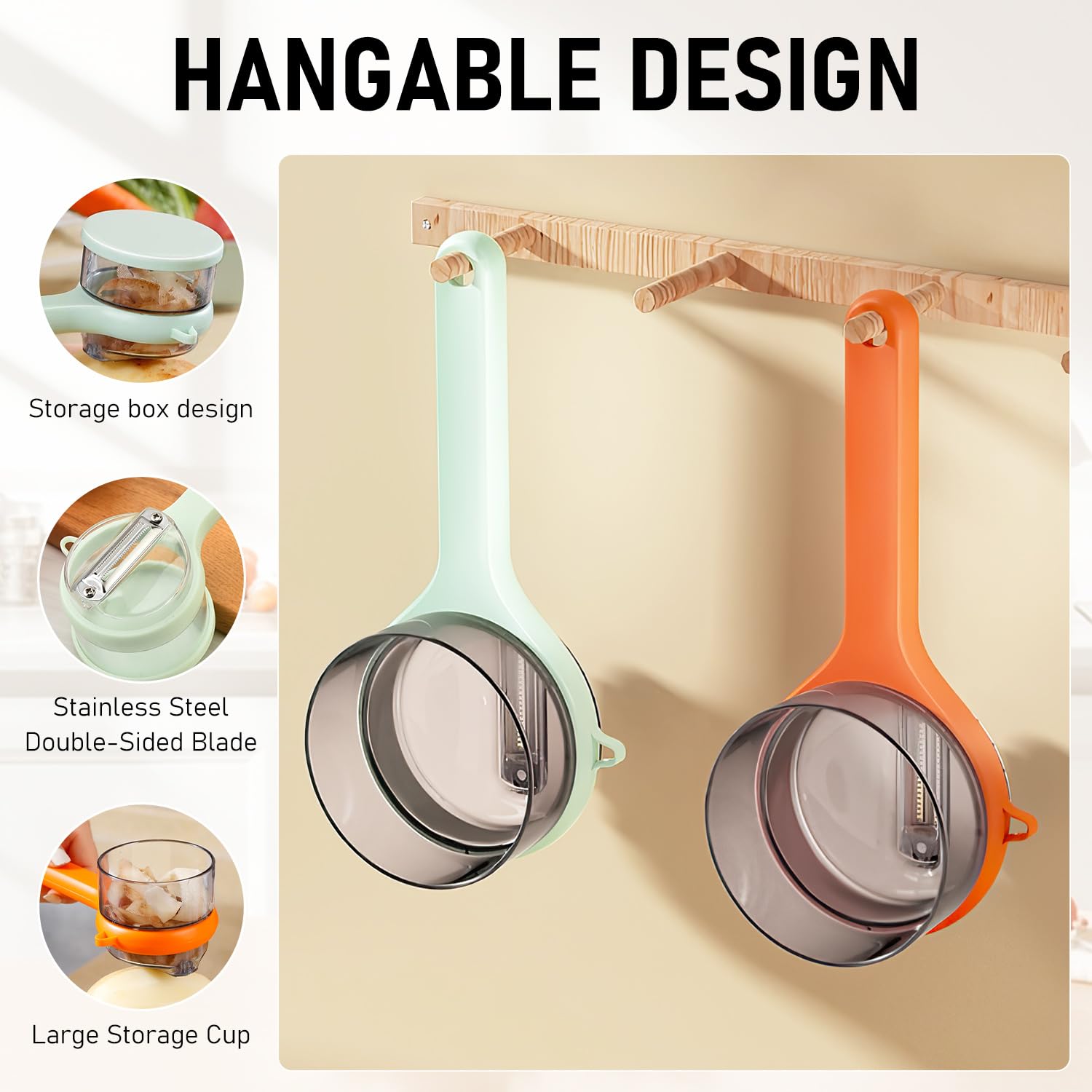 Generic peeler with catcher and storage bucket for mess-free prep.
