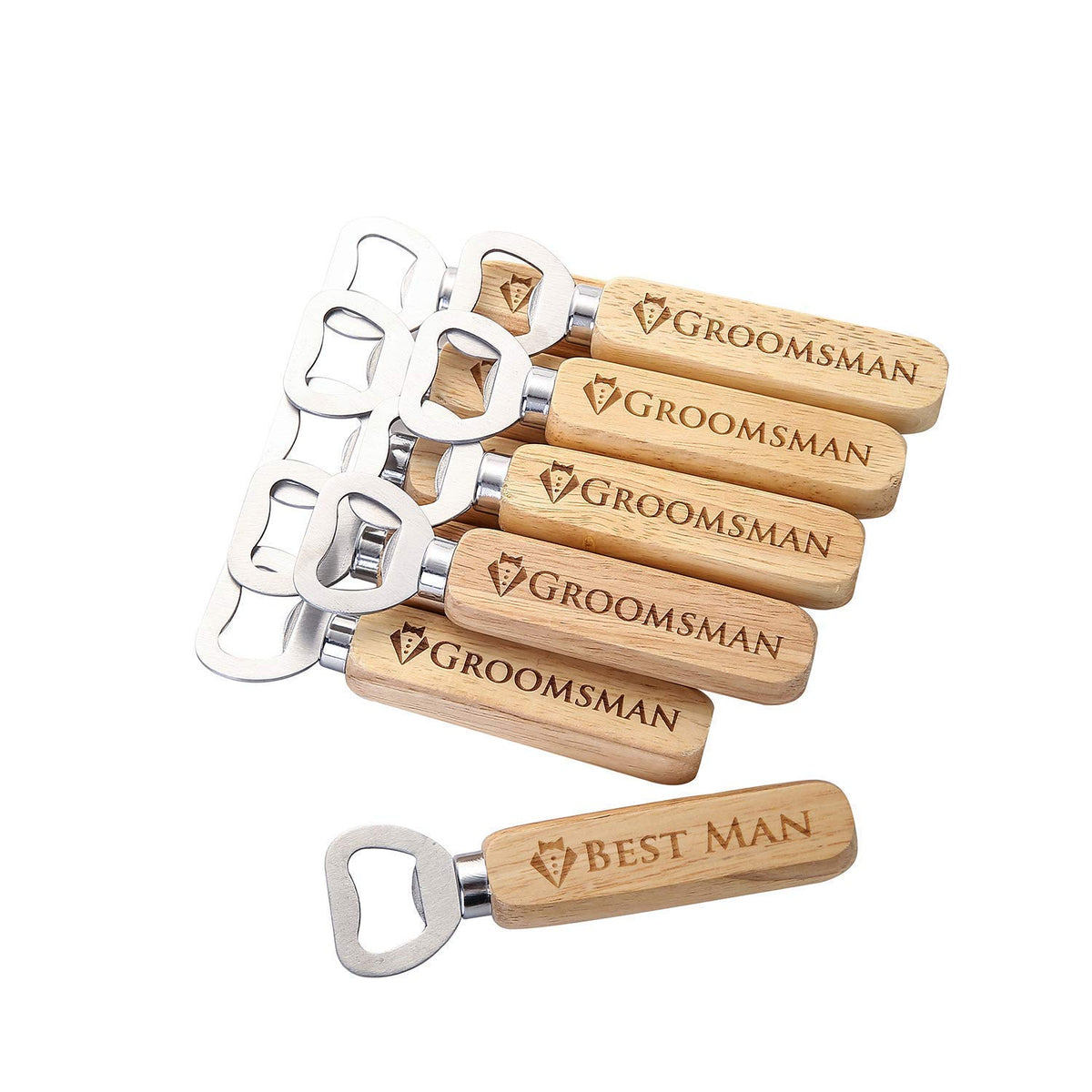 Generic Pongs wooden bottle opener with engraved groomsman label for wedding favors