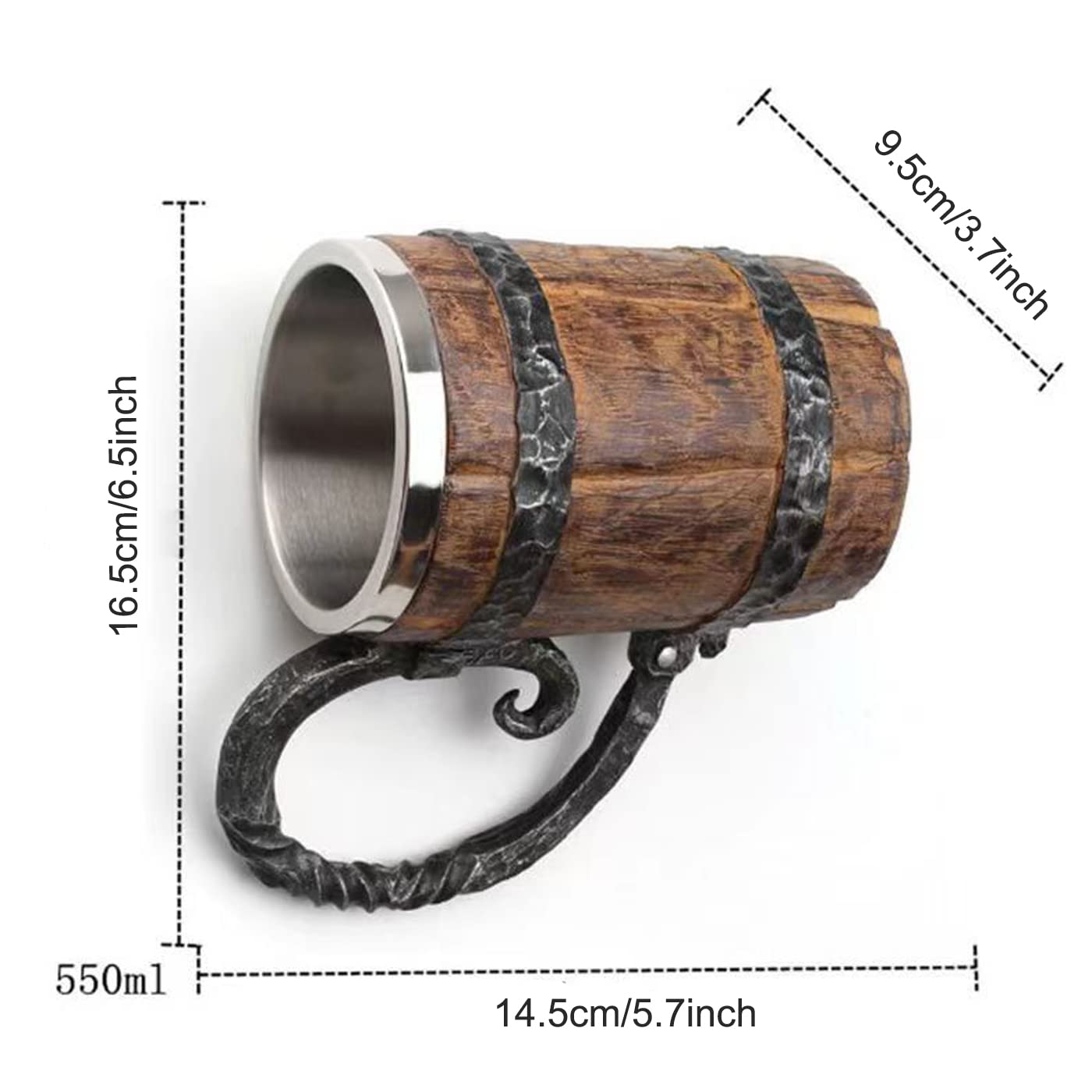 Generic resin exterior on a wooden-style barrel mug offers durable, eye-catching decoration.