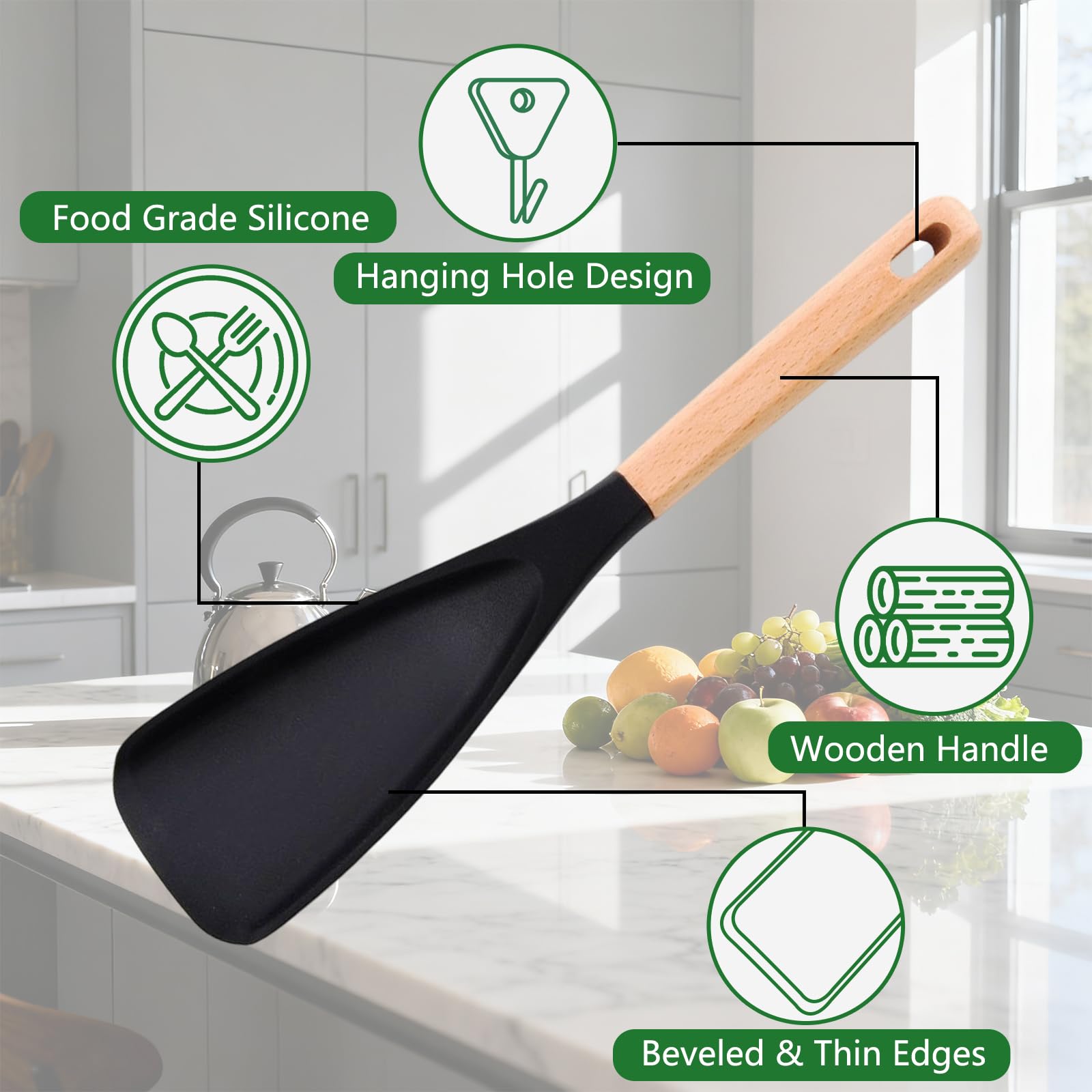 Generic black silicone spoon set ideal for stirring, scooping, and serving in the kitchen.