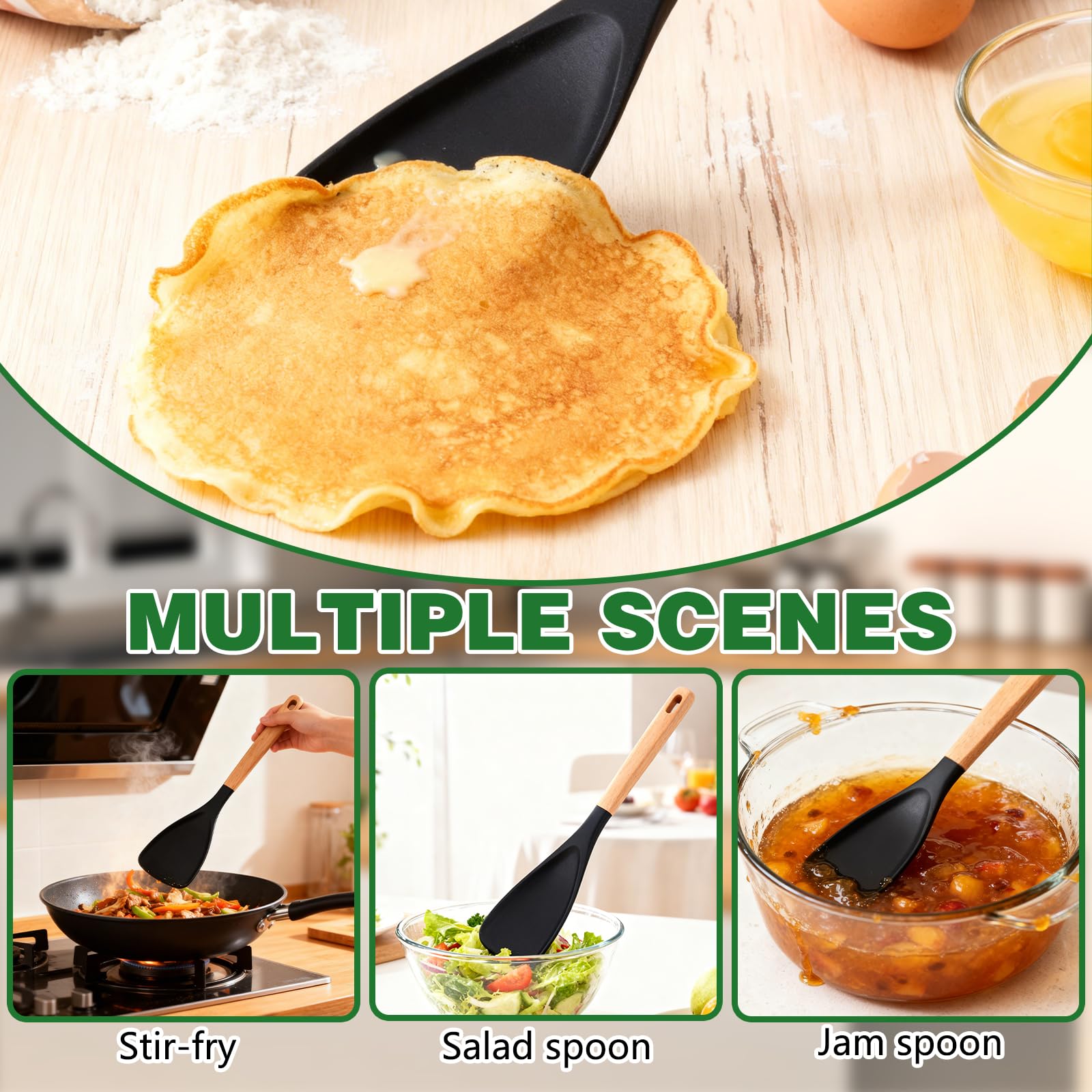 Generic silicone spoon set demonstrates multifunctional use for stirring and scooping.