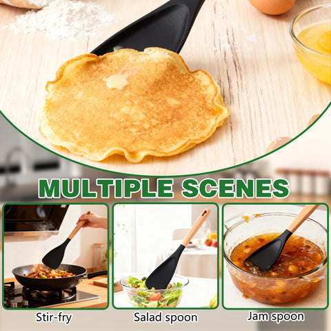 Generic silicone spoon set demonstrates multifunctional use for stirring and scooping.