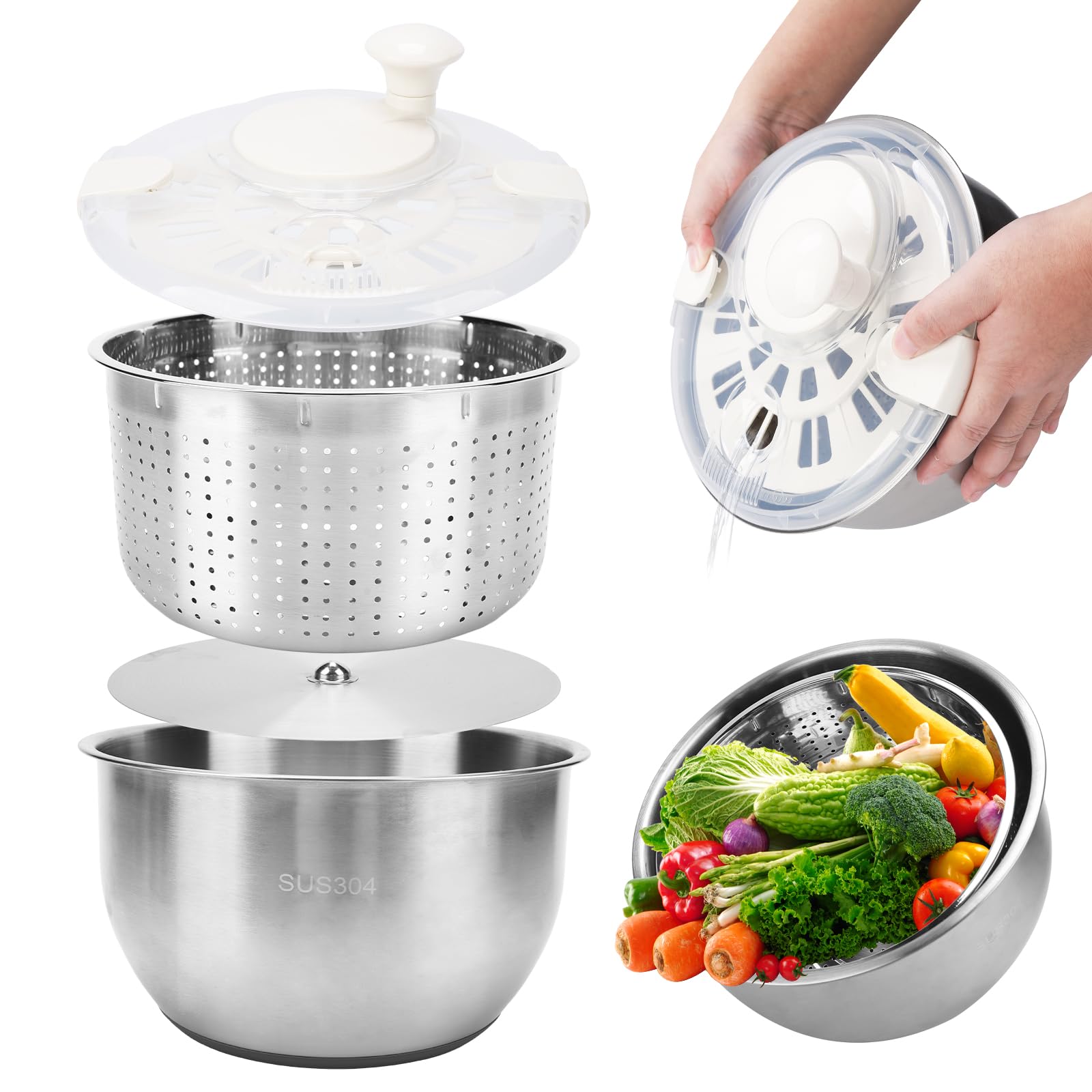 Generic stainless steel salad spinner with large bowl for quick greens drying.