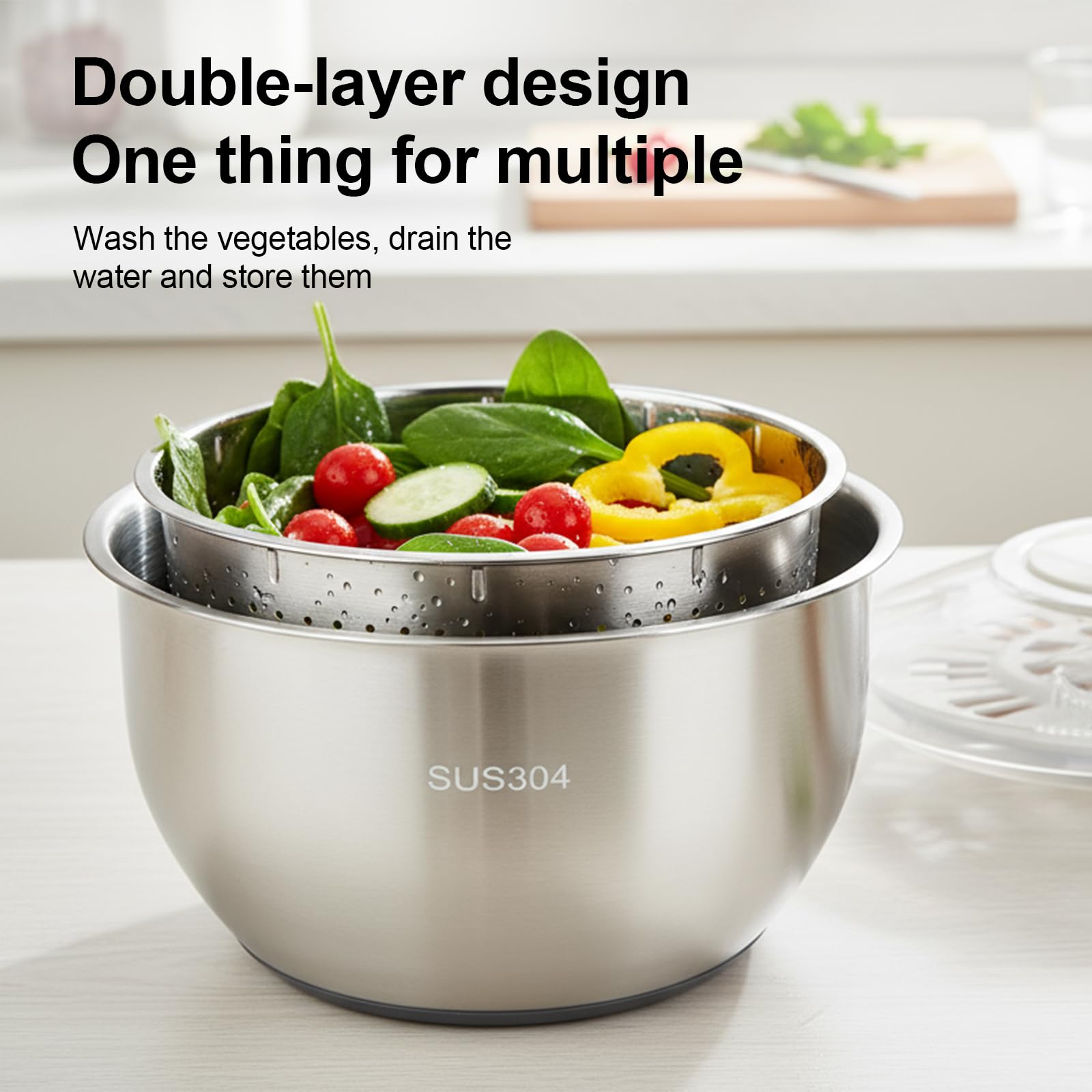 Generic BPA-free stainless steel salad spinner for safe food prep.