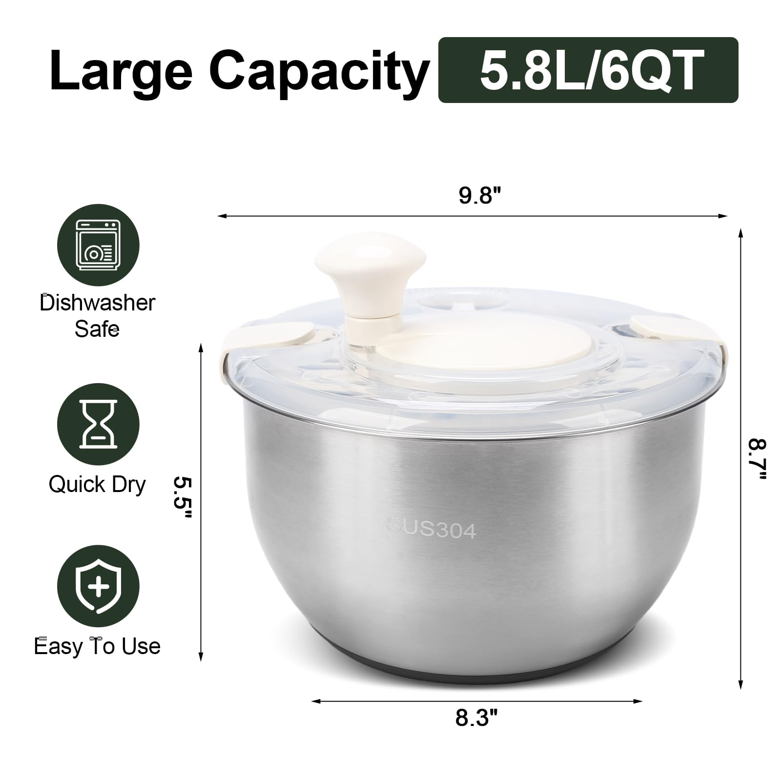 Generic salad spinner lid and drain feature for efficient draining.