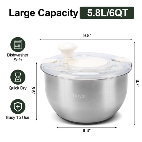 Generic salad spinner lid and drain feature for efficient draining.