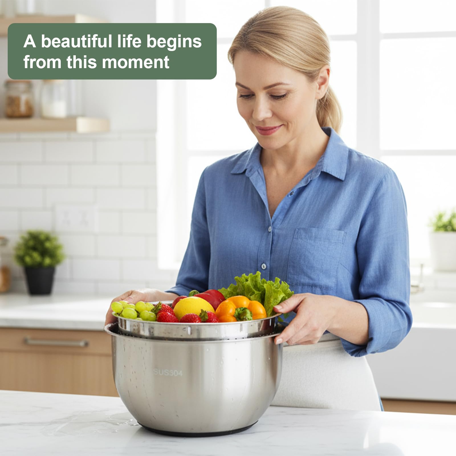Generic stainless steel salad spinner with 6 qt capacity for washing and drying produce.