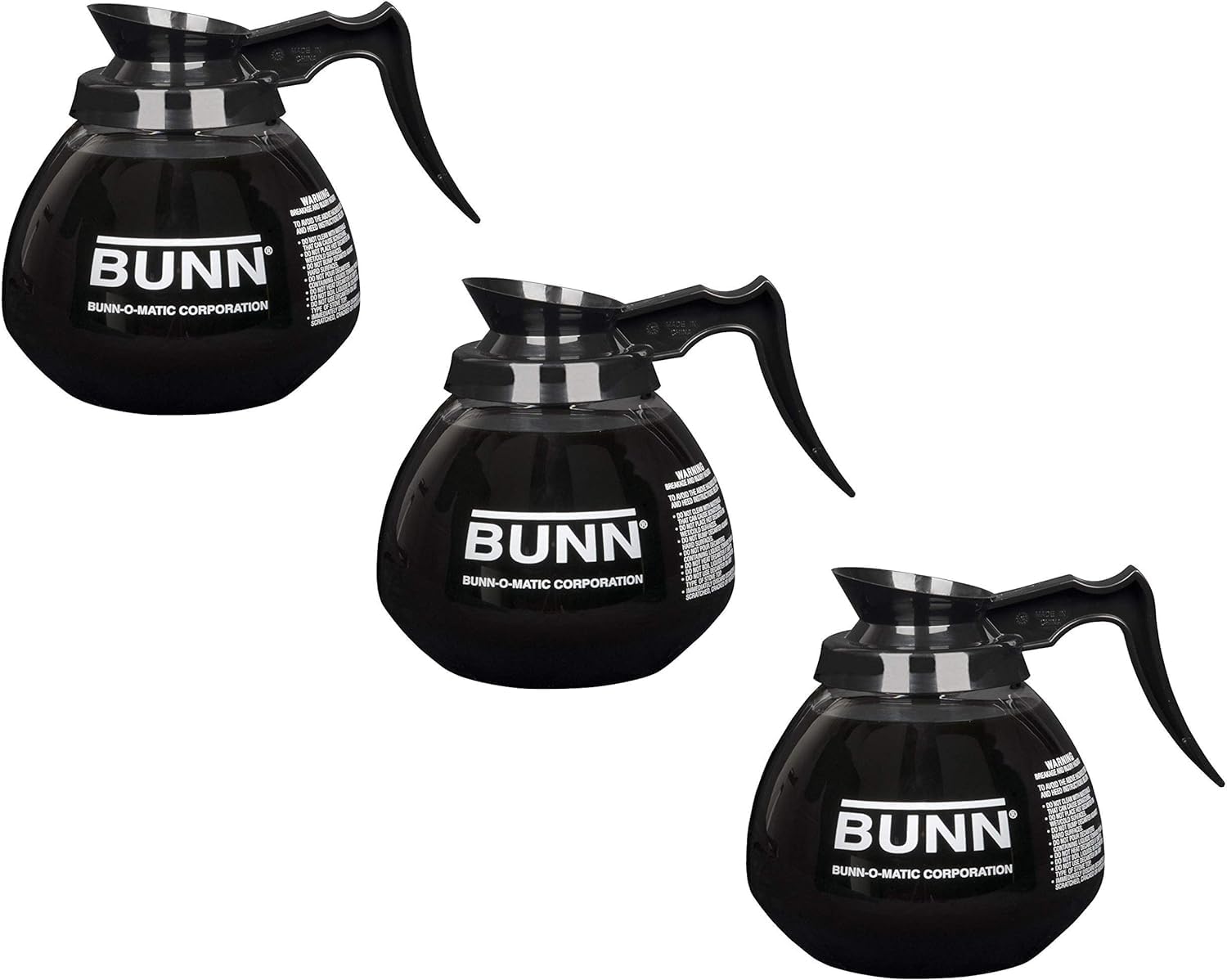 Generic Supply Depot three-black decanter carafes, durable glass for daily coffee service.