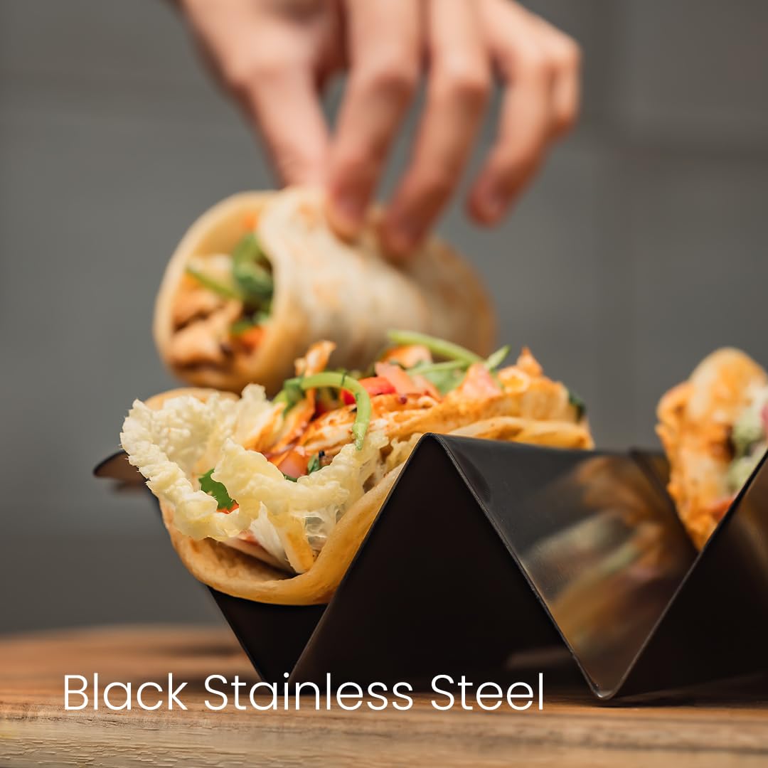Generic taco holder stand on oven rack demonstrates oven-safe design for cooking.