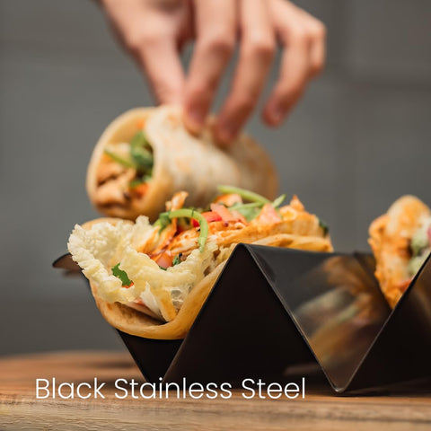 Generic taco holder stand on oven rack demonstrates oven-safe design for cooking.