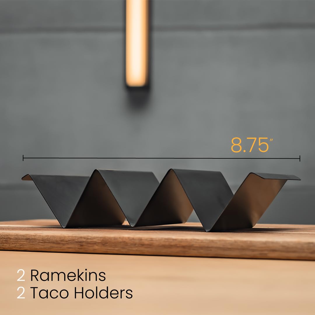 Generic taco holder stand close-up shows sauce cup detail and black finish.