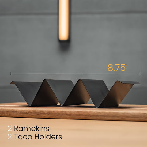 Generic taco holder stand close-up shows sauce cup detail and black finish.