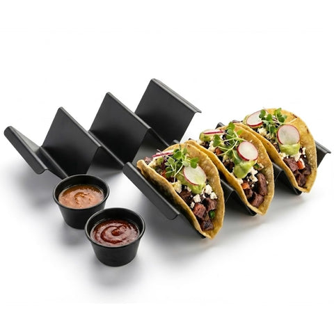 Generic taco holder stand with sauce cups holds three tacos upright for mess-free serving.