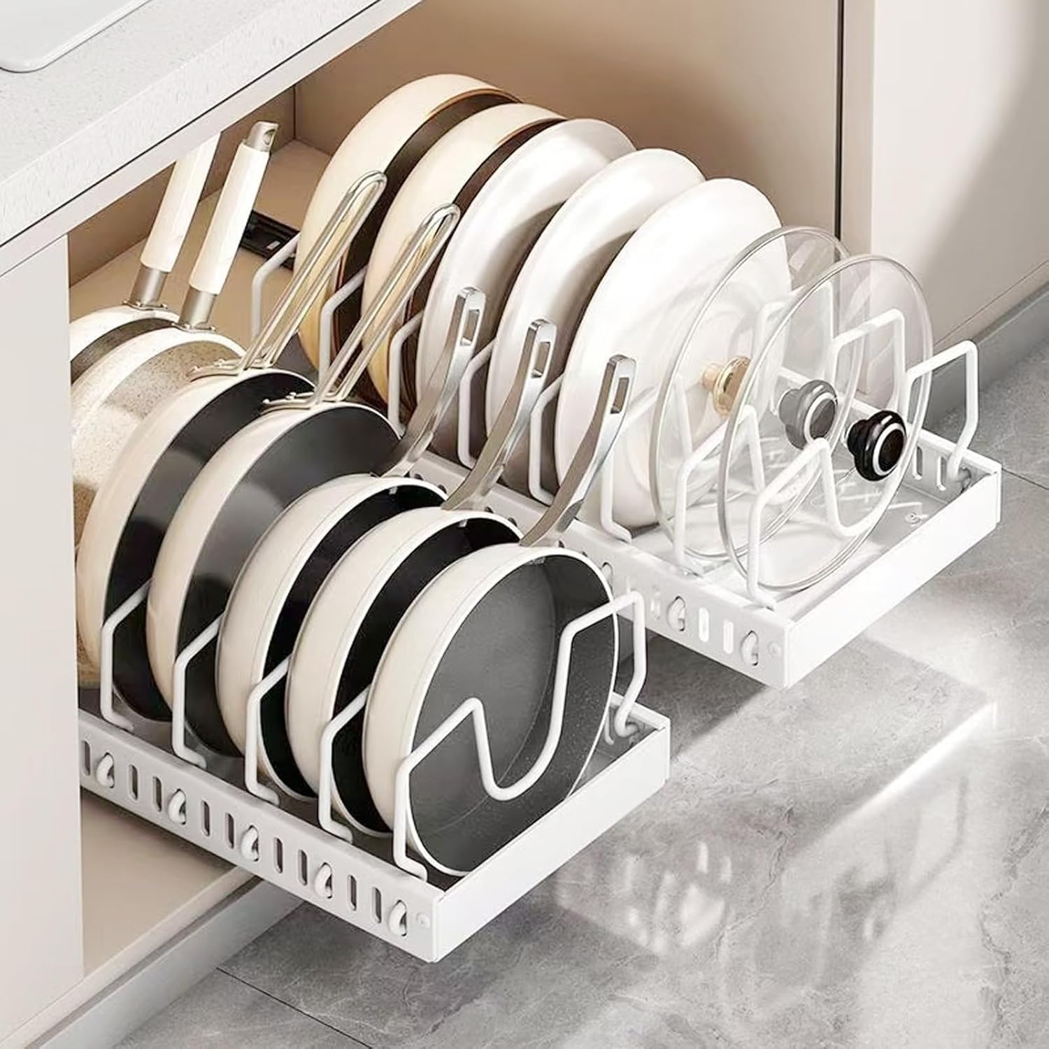 Generic versatile storage for pots, pans, lids, and bakeware in one system.