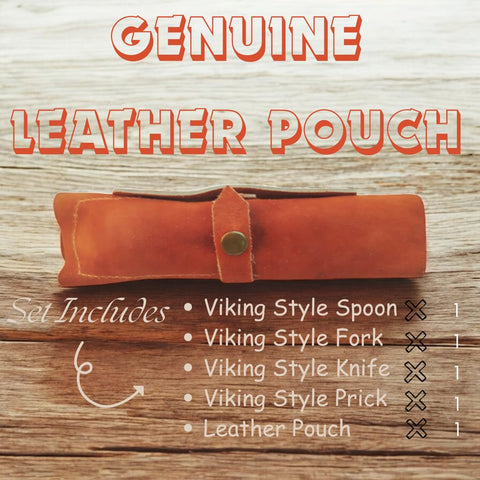 Generic Viking dining set in leather pouch for outdoor meals.