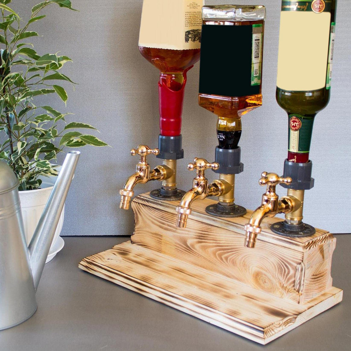 Generic wood faucet whisky dispenser on a home bar for rustic charm and easy pours.