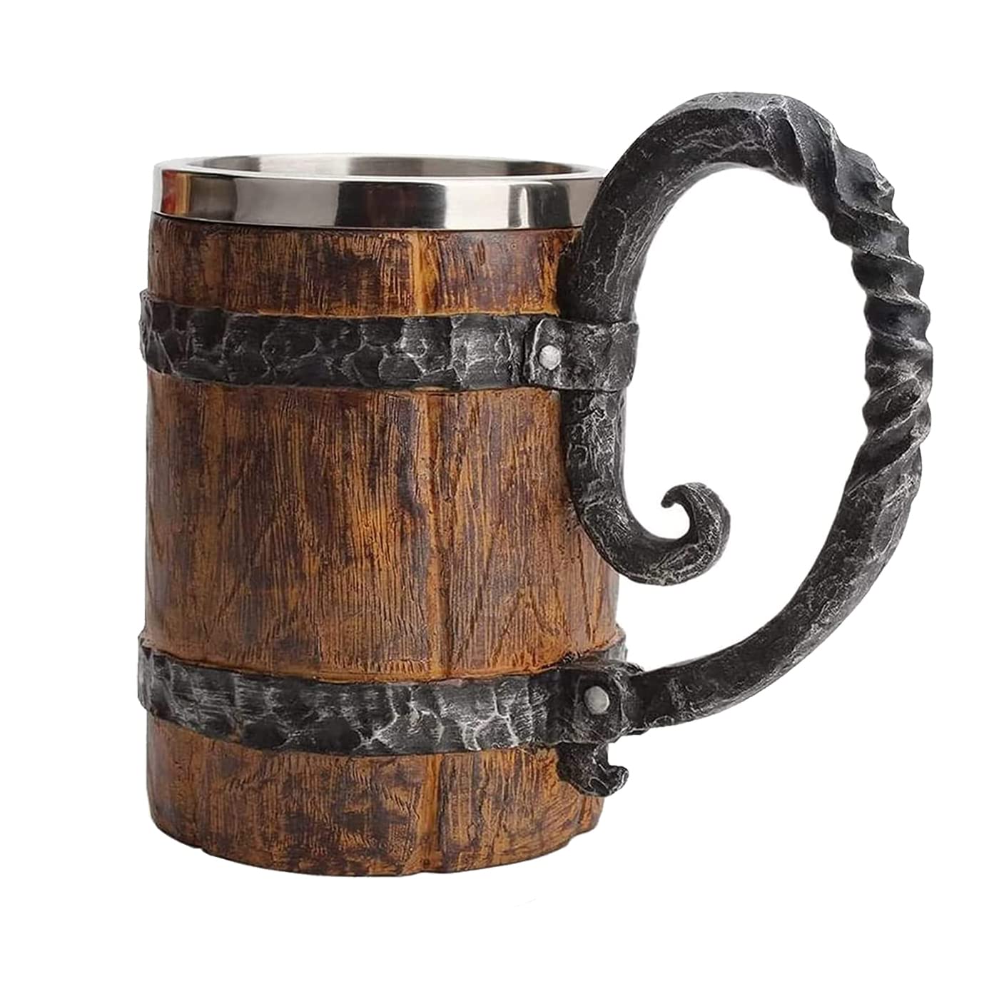 Generic wooden beer mug barrel close-up shows premium steel interior and rustic texture.