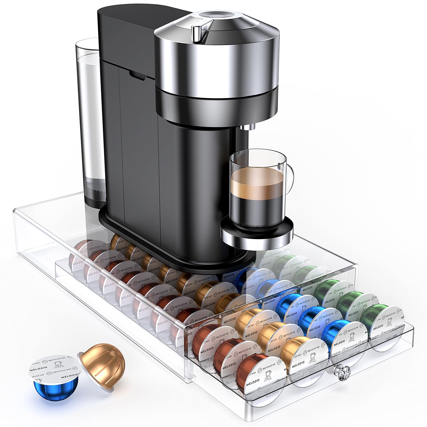 Genew coffee pods holder acrylic drawer front view showing easy access and organized storage.
