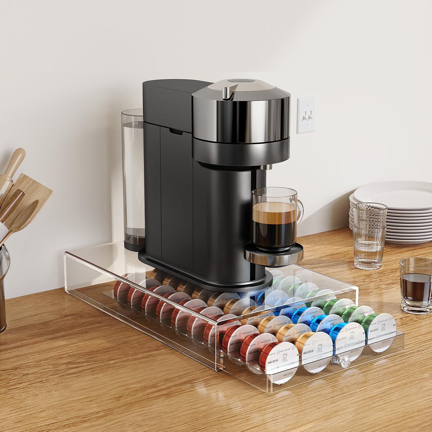 Genew coffee pods holder acrylic drawer side view highlighting compact design.