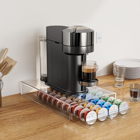 Genew coffee pods holder acrylic drawer side view highlighting compact design.