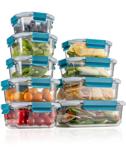GENICOOK 9-pack glass containers with airtight lids for fresh meal prep and easy stacking.