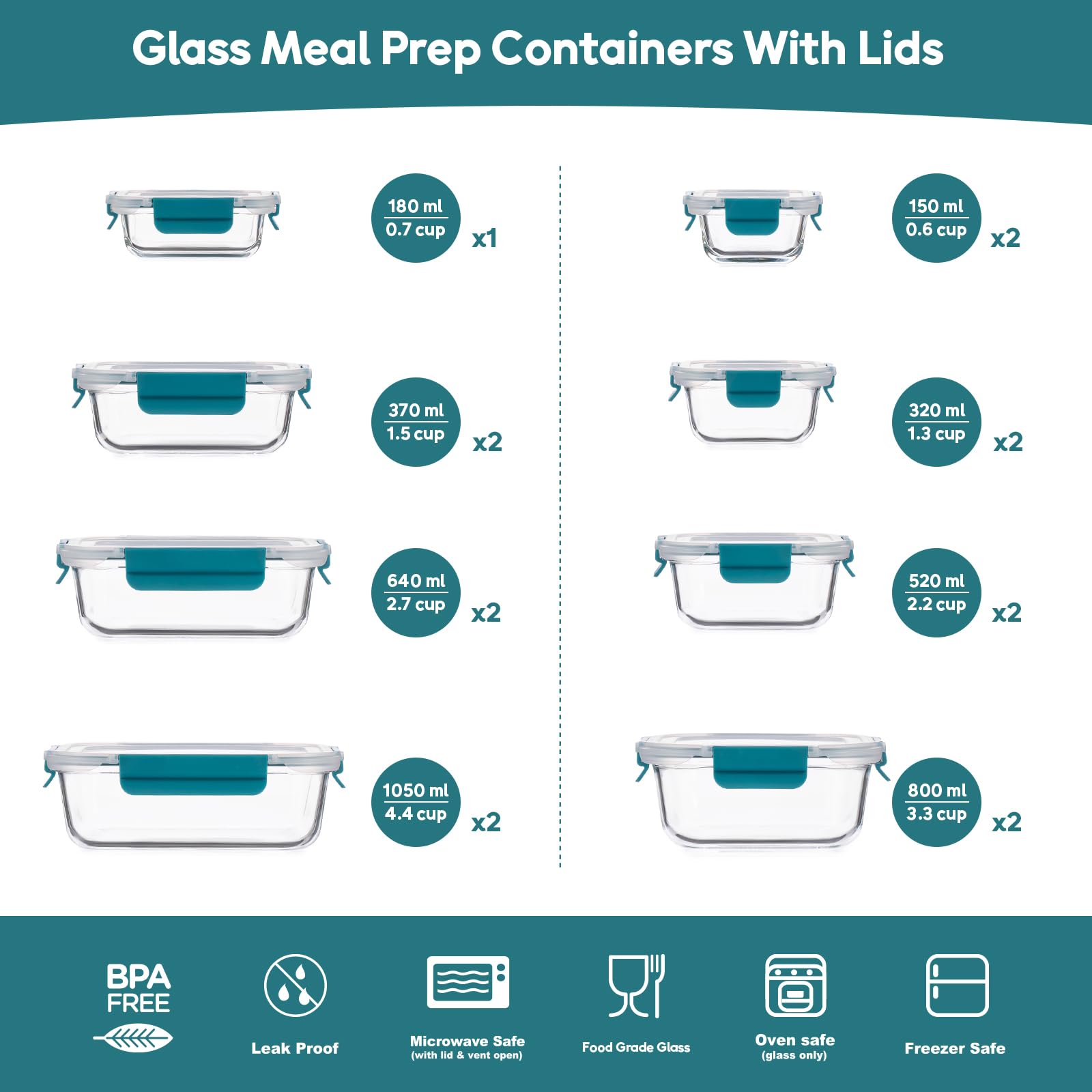 GENICOOK crystal-clear glass containers show contents clearly and resist stains.