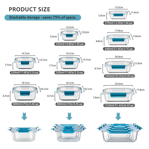 GENICOOK glass lunch boxes with a stackable design for compact fridge organization.