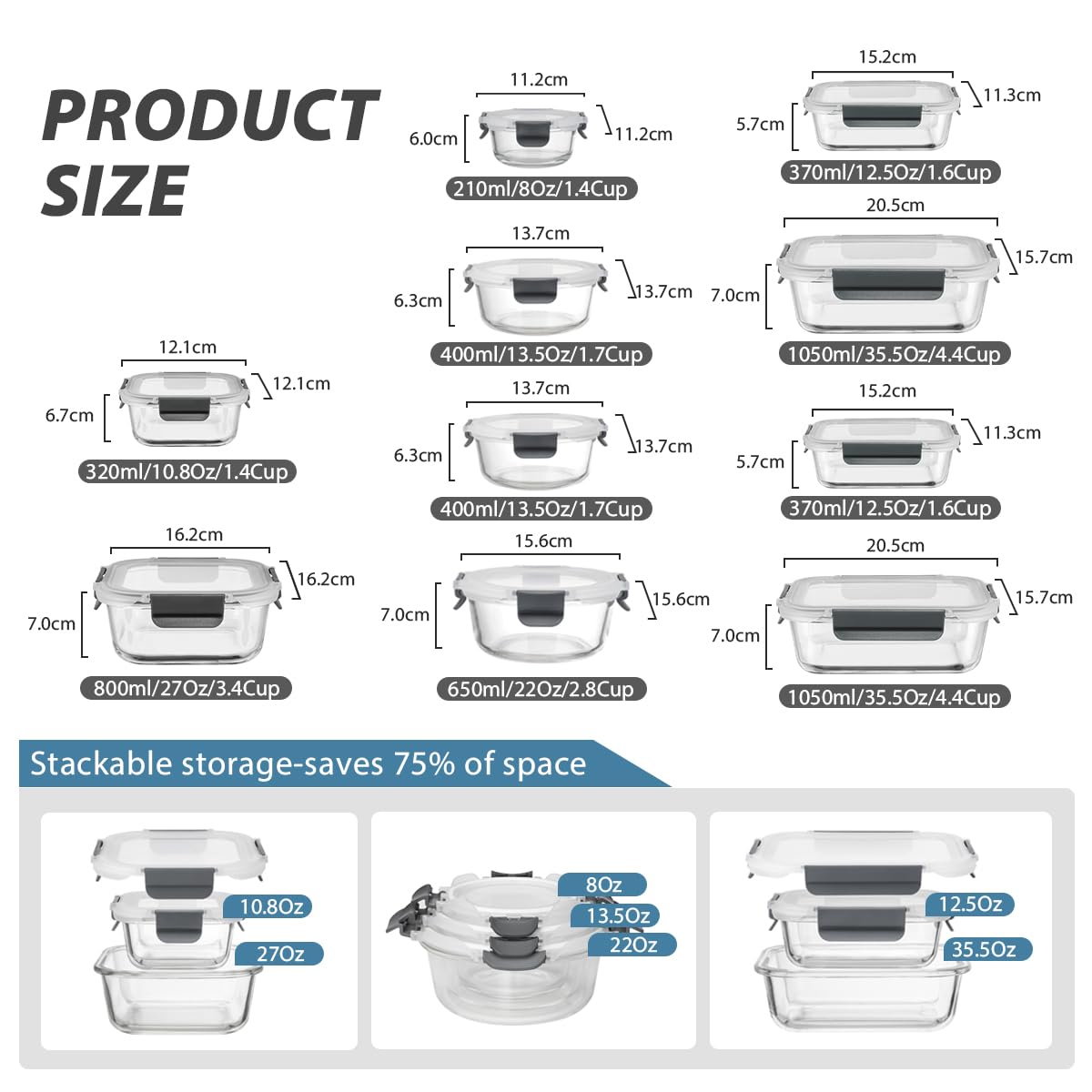 Genicoook square glass containers with snap-lock lids for leak-proof storage