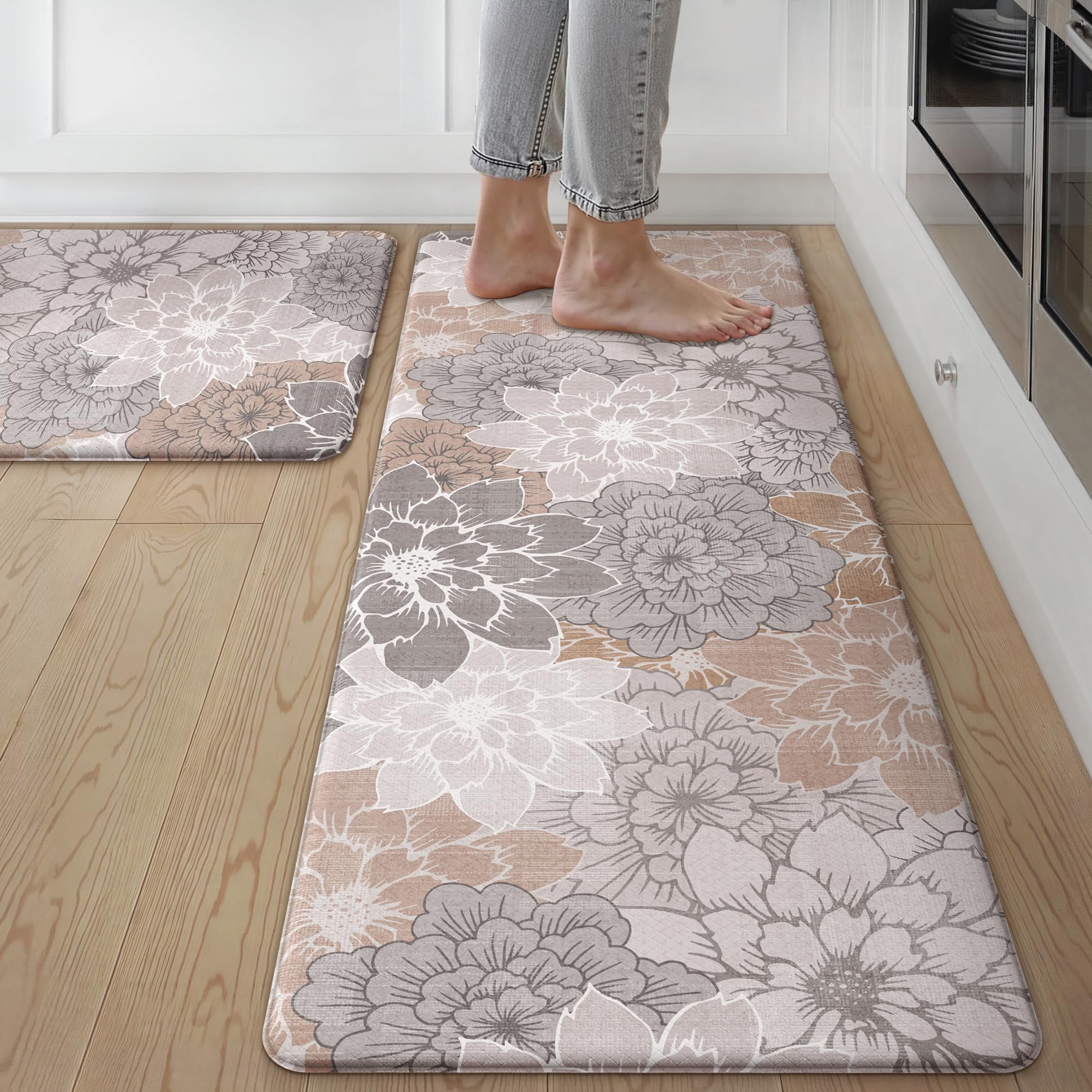 GENIMO memory foam kitchen mat offers cushioned support for longer cooking sessions.