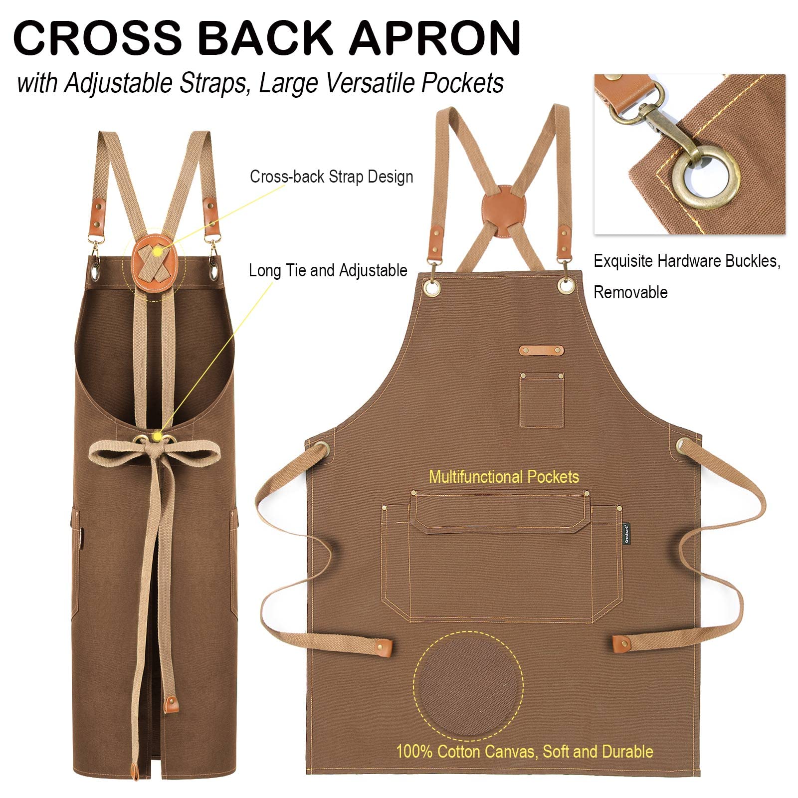 Genixart apron cross-back strap detail reducing neck strain.