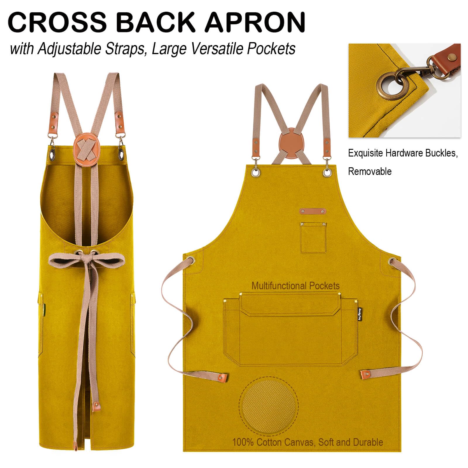 Genixart chef apron adjustable straps, cross-back design reduces neck strain during long tasks.