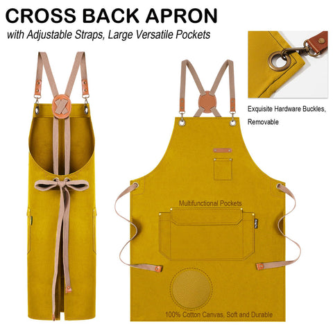 Genixart chef apron adjustable straps, cross-back design reduces neck strain during long tasks.