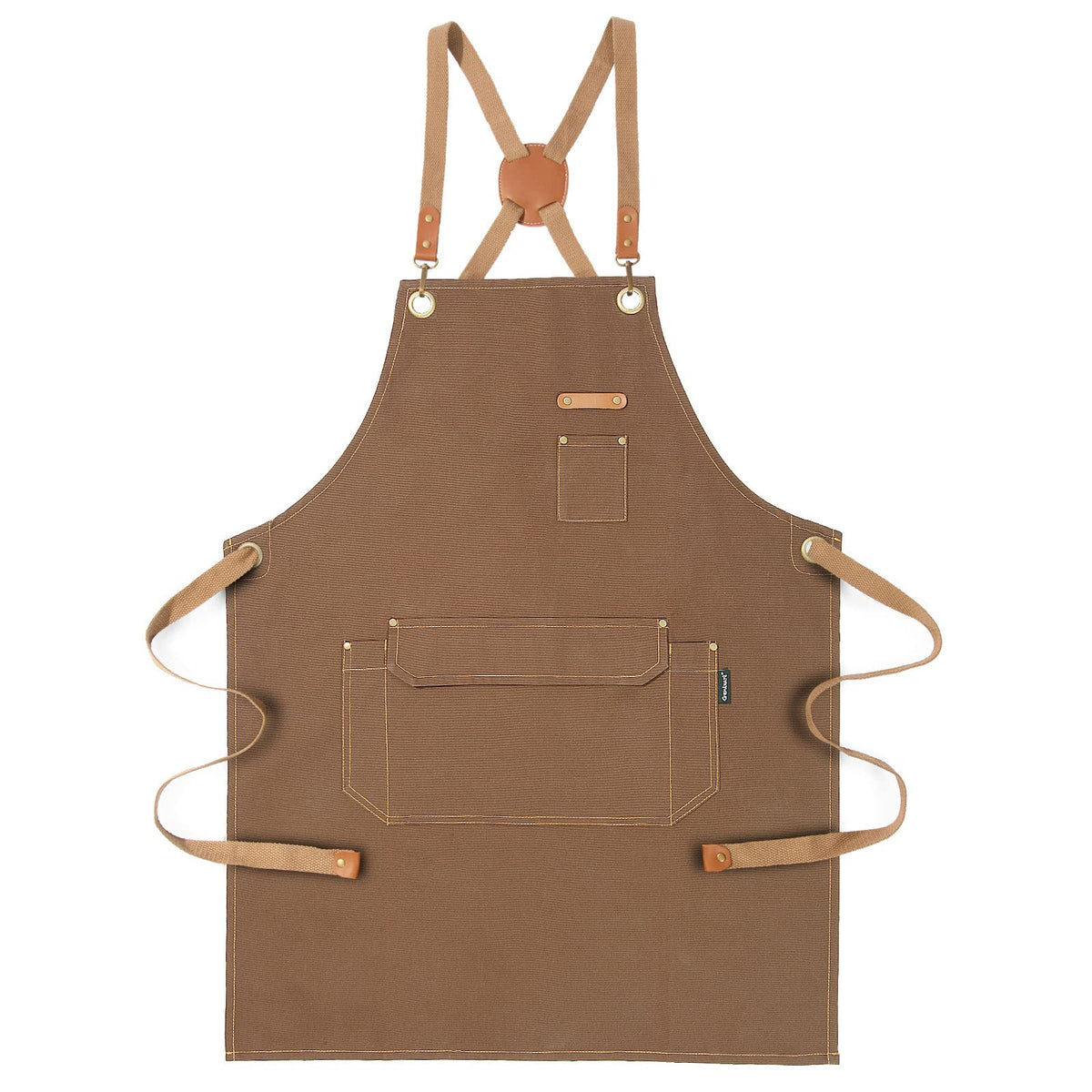 Genixart chef apron brown front view with accessible pockets for tools.