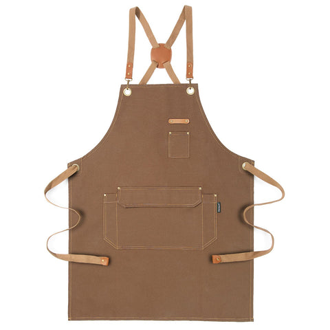 Genixart chef apron brown front view with accessible pockets for tools.
