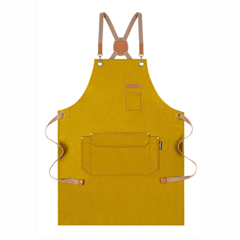 Genixart chef apron cross-back yellow front, durable cotton canvas for everyday cooking and protection.