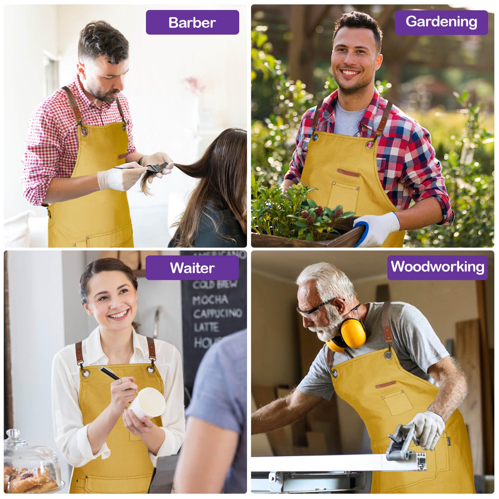 Genixart chef apron wear model, versatile for kitchen, cafe, bakery or studio use.