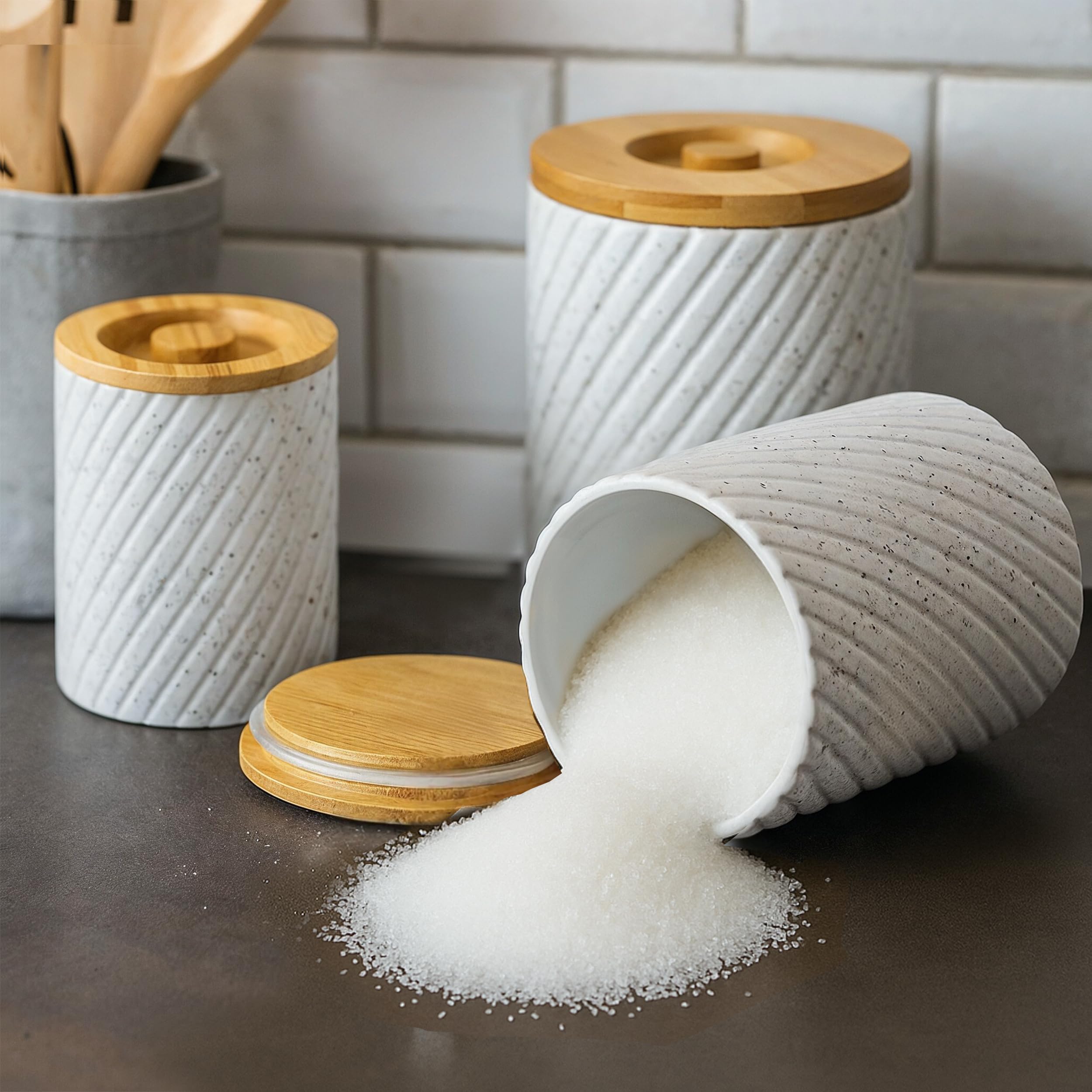 Gennua Kitchen diagonal grooved texture enhances grip on canisters