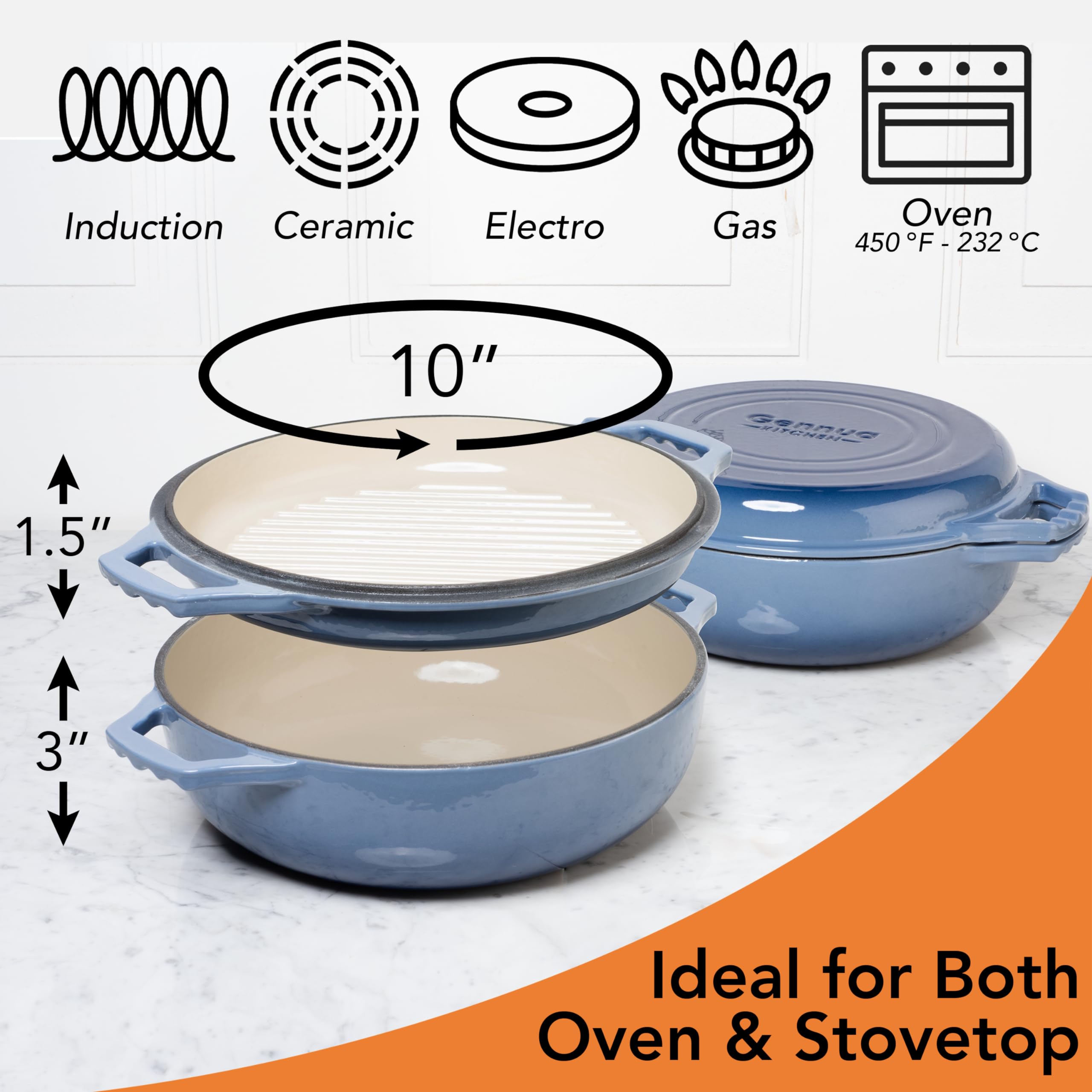 Gennua Kitchen easy-clean enamel finish resists sticking and cleanup.