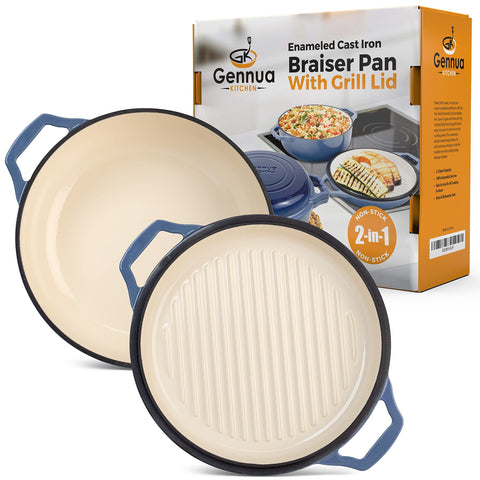 Gennua Kitchen lid flipped becomes a grill for searing and frying.