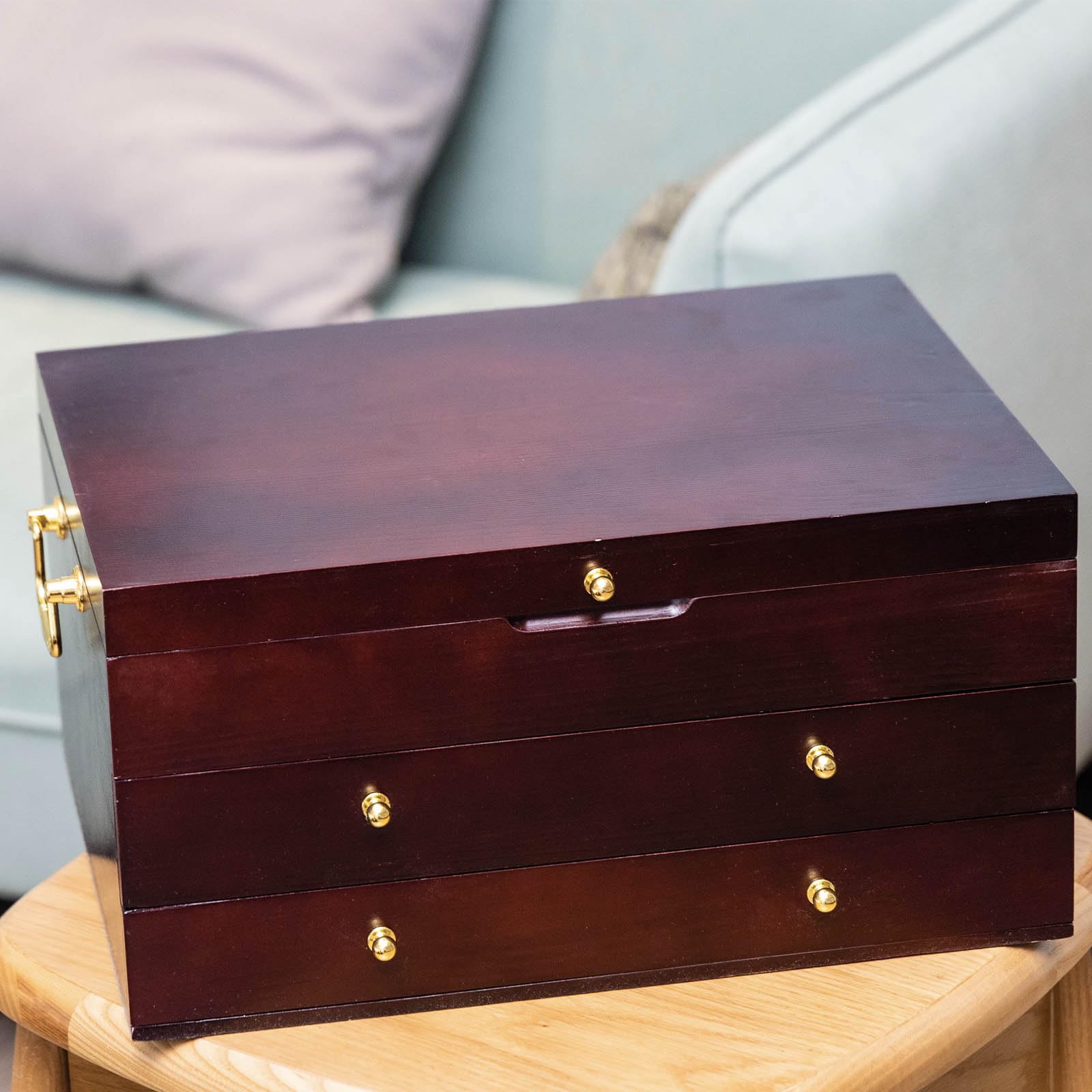 GENRICE open wooden chest reveals interior layout