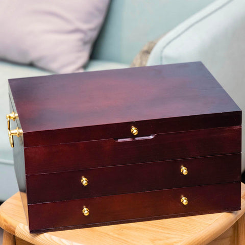 GENRICE open wooden chest reveals interior layout